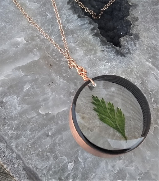 Green Fern Frond Necklace - Copper