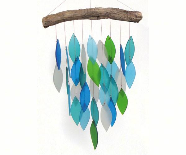 Ocean Blue Waterfall Glass & Driftwood Wind Chime - Thumbnail 2