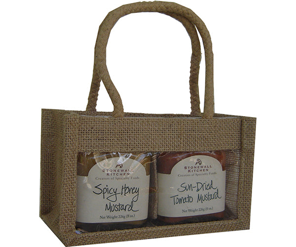 2 Bottle Jute mini Gourmet Bag - Natural with Windows