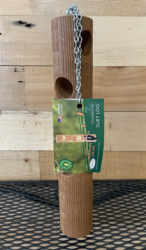 Suet Plug Recycled Log Feeder showing the tag