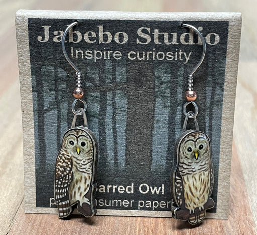 Barred Owl Earrings on cardboard