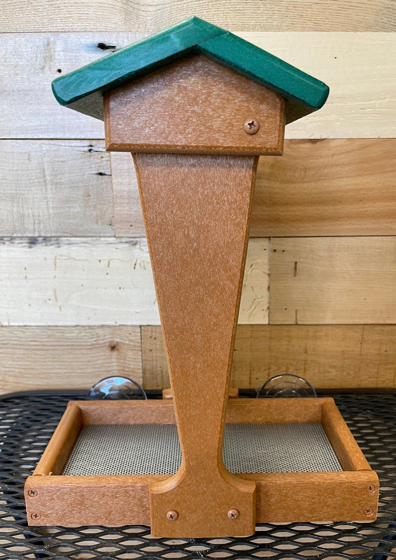 Melody Window Mount Recycled Feeder -  side view in tan with green roof