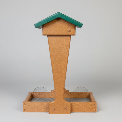Melody Window Mount Recycled Feeder -  side view in tan with green roof