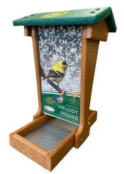 Melody Window Mount Recycled Feeder -  front view in tan with green roof