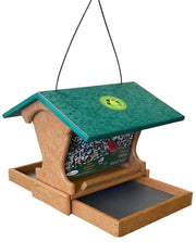 Mini Magnet Hanging Recycled Feeder in tan with green roof angled view
