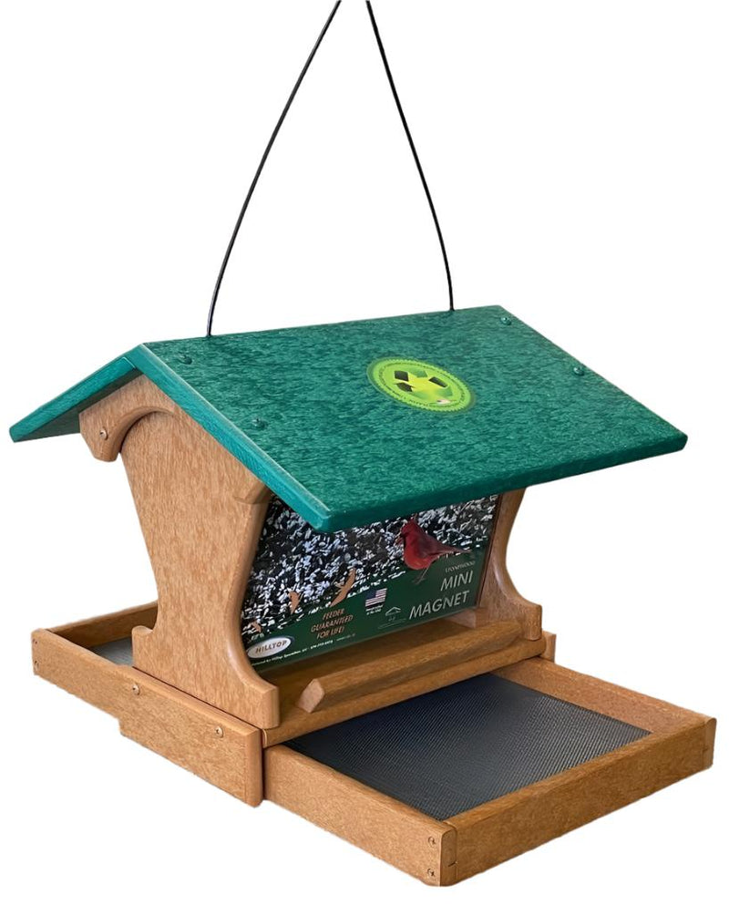 Mini Magnet Hanging Recycled Feeder in tan with green roof angled view