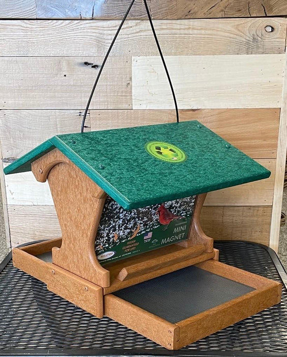 Mini Magnet Hanging Recycled Feeder in tan with green roof angled view