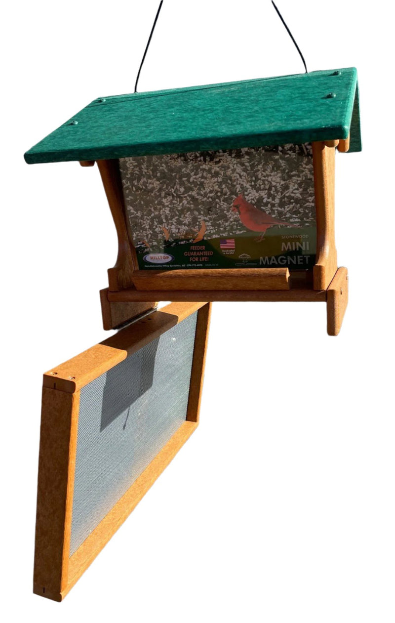 Mini Magnet Hanging Recycled Feeder in tan with green roof showing pivoting tray for cleanout