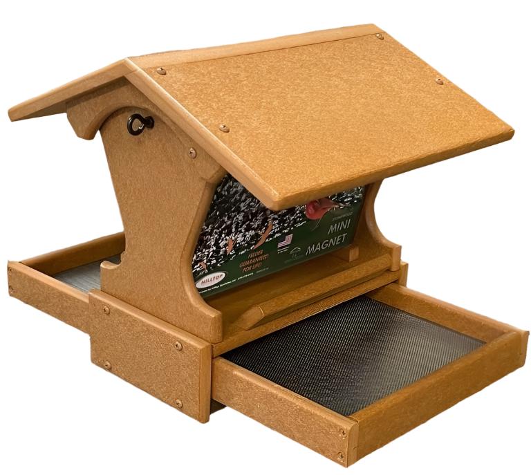 Mini Magnet Post Mount Recycled Feeder in tan angled view