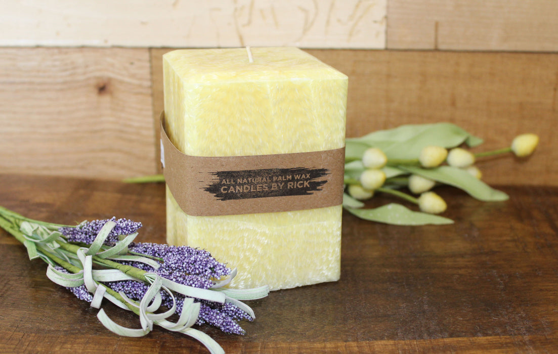 Palm Wax Square Pillar Candle in yellow lemongrass lavender