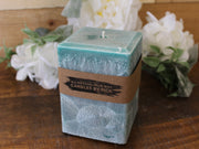 Palm Wax Square Pillar Candle in teal ocean breeze and stormwatch
