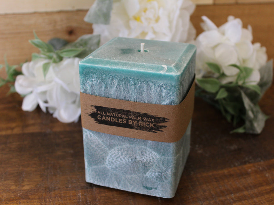 Palm Wax Square Pillar Candle in teal ocean breeze and stormwatch