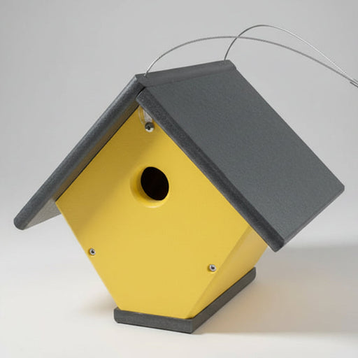 Wren or chickadee house in grey and yellow