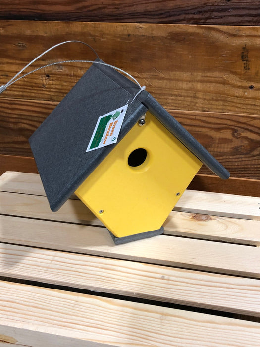 Wren or chickadee house in grey and yellow
