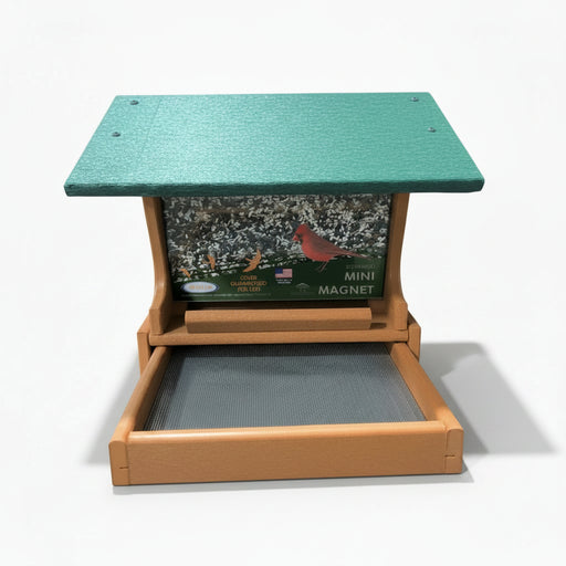 Mini Magnet Post Mount Recycled Feeder - Tan with Green Roof, front view