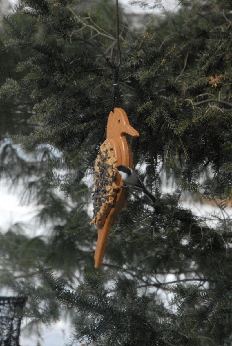 woodpecker feeder visited by a chickadee
tan