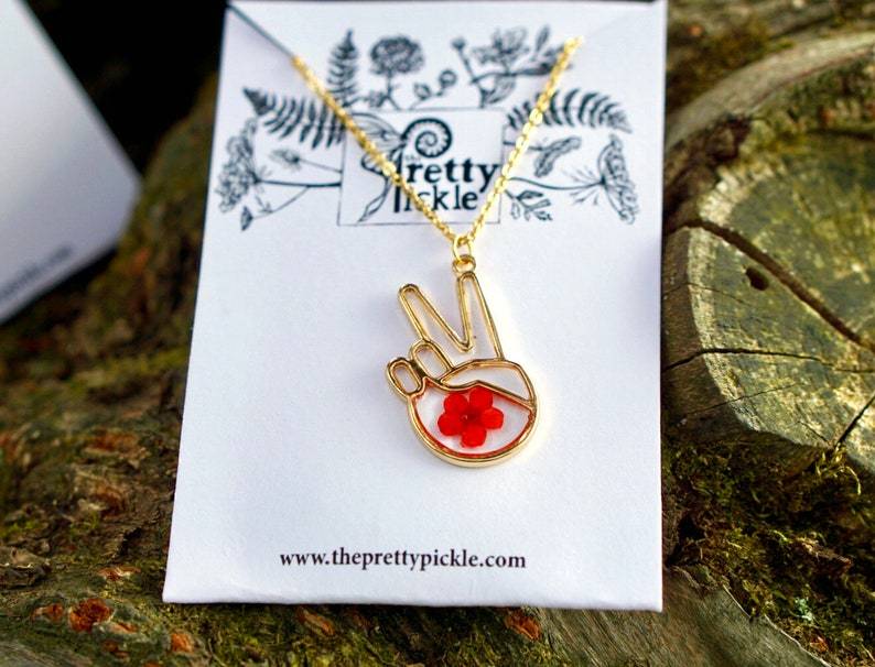 Peace Sign Hand Botanical Necklace
