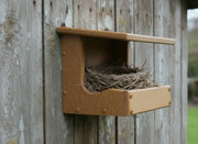recycled nest shelf on the side of a garden shed with a robin nest in it