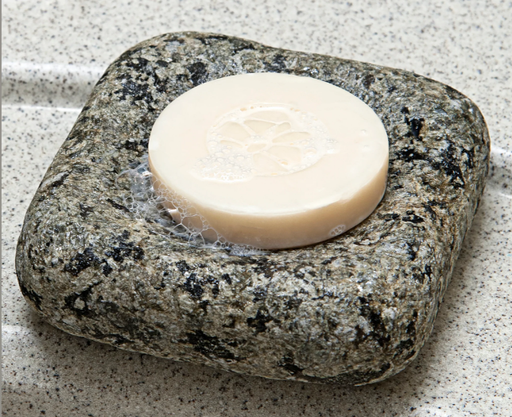 cove granite soap dish in gray green color with sample soap