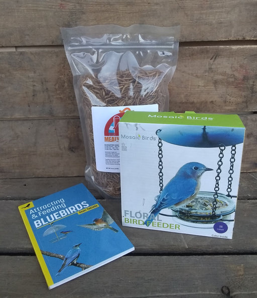 Attracting Bluebirds Bundle - includes book, floral birdfeeder, and bag of mealworms