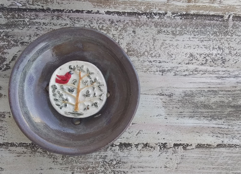 Nature Ceramic Soap Dish - Cardinal on Ivory Background