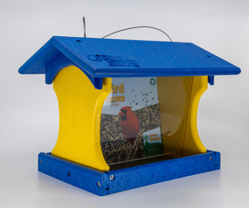 blue and gold bird feeder