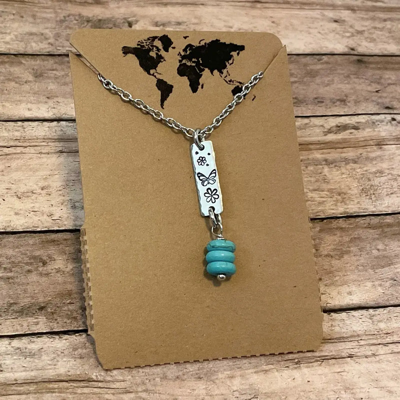 Butterflies Mini Dangle Necklace with Blue Beads