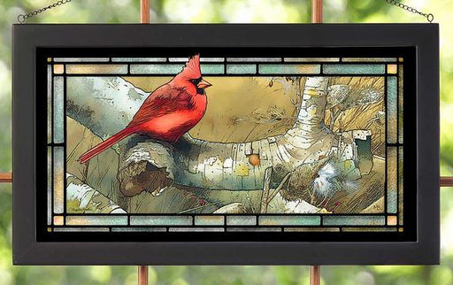cardinal on fallen birch stained glass art