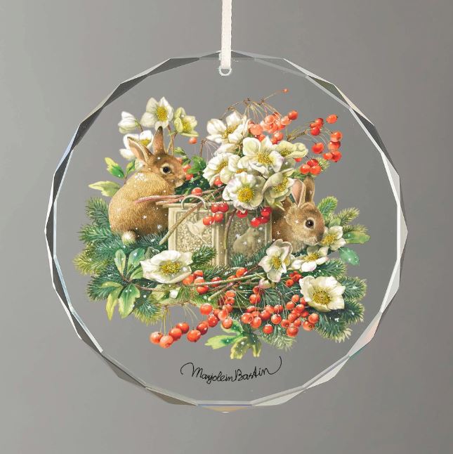 Christmas Bunnies Round Glass Ornament
