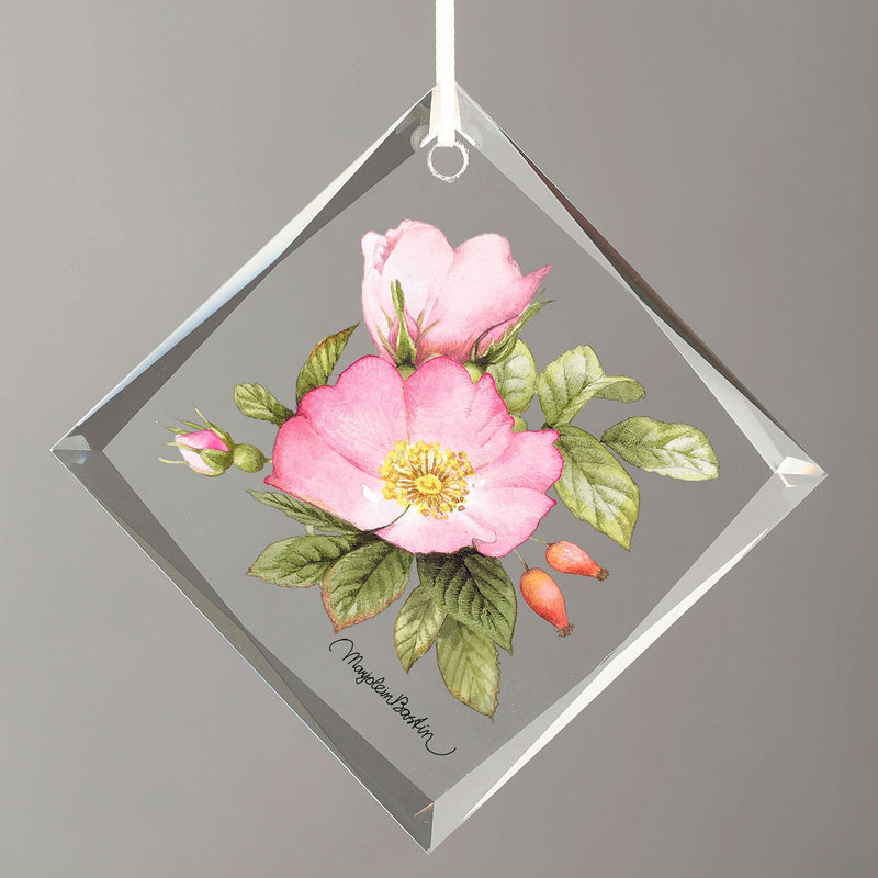 Double Pink Roses Diamond-Shape Glass Ornament