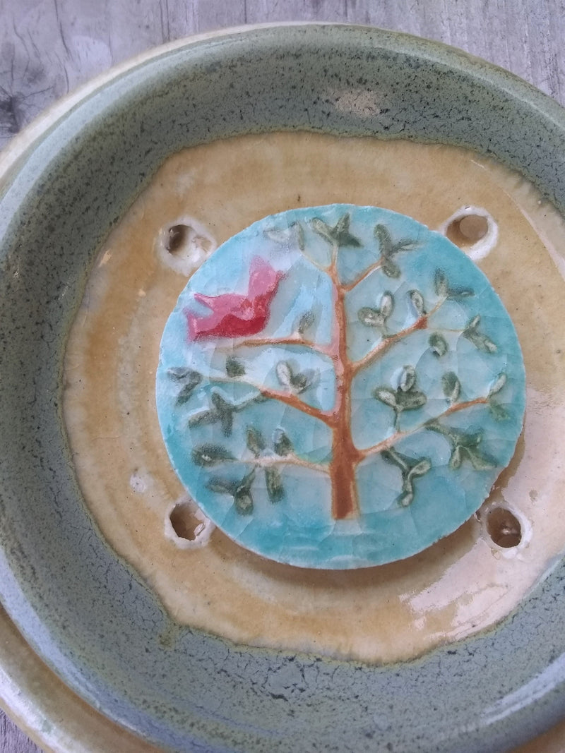 Nature Ceramic Double Soap Dish - Cardinal on Blue Background - close up