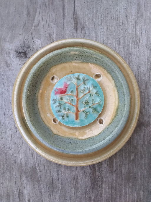 Nature Ceramic Double Soap Dish - Cardinal on Blue Background