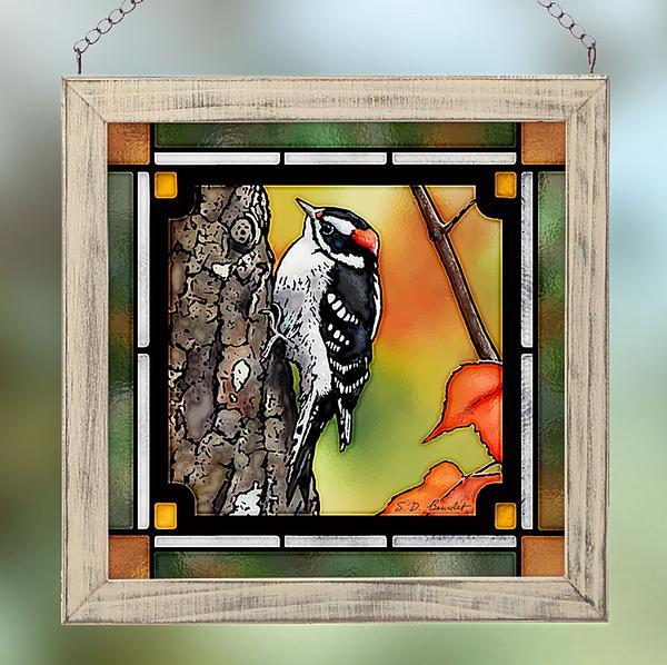downy woodpecker stained glass art
