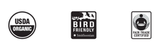 USDA Organic, Smithsonian Bird Friendly, and Fair Trade Certified emblems