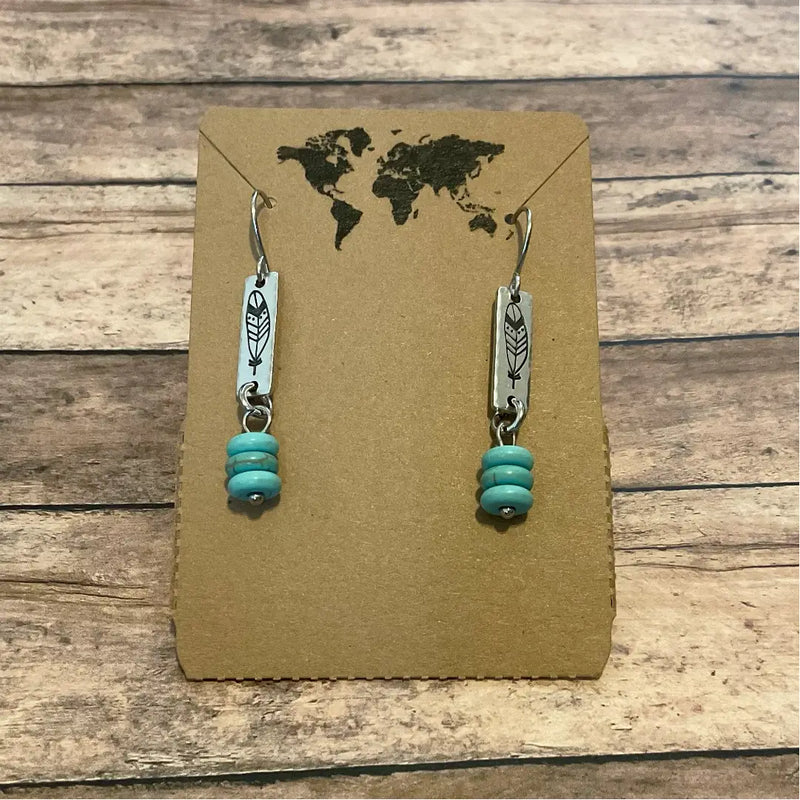 Feather Mini Dangle Earrings with Blue Beads