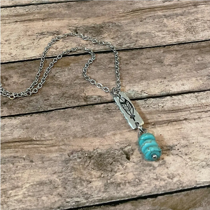 Feather Mini Dangle Necklace with Blue Beads