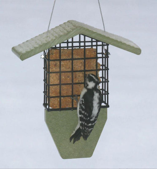 Green Solutions Tail Prop Suet Feeder with downy woodpecker