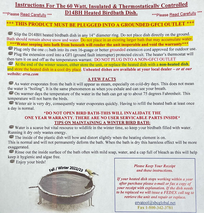 Instructions for Erva Heated Bird Bath Dish