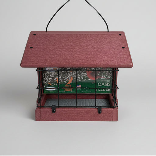 front view of cherry wood Oasis Recycled Bird Feeder with Dove Guard