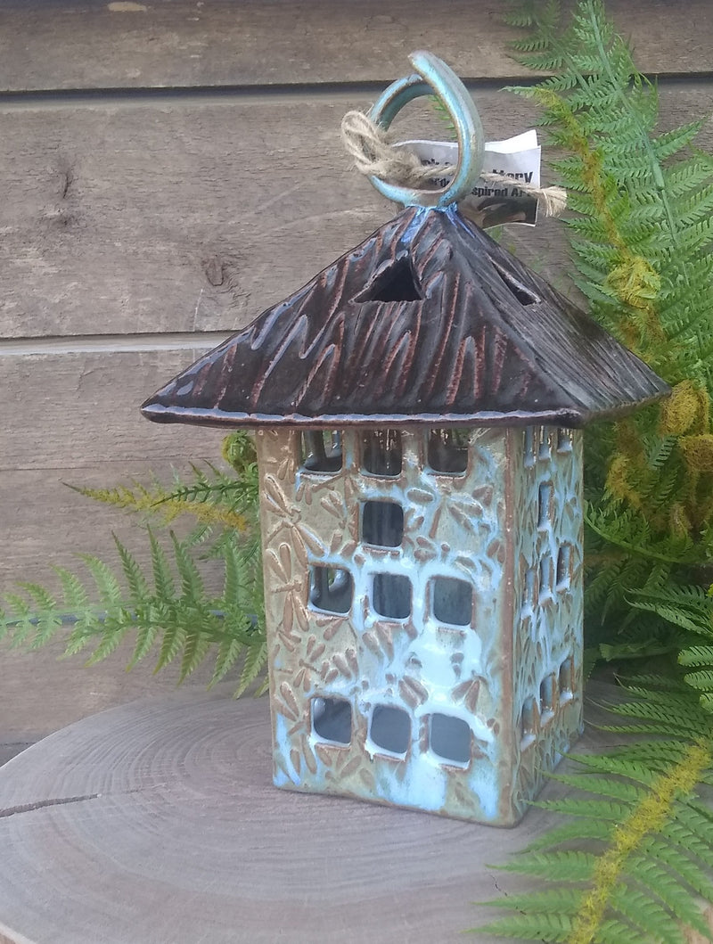 Square Lantern with Dragonfly Dance Design - Artic Blue - Medium