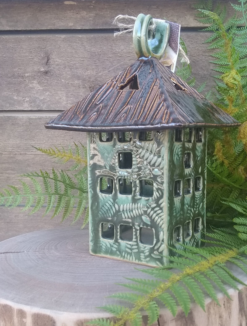 Square Lantern with Fern Design - Jarvis Speckled Green - Medium