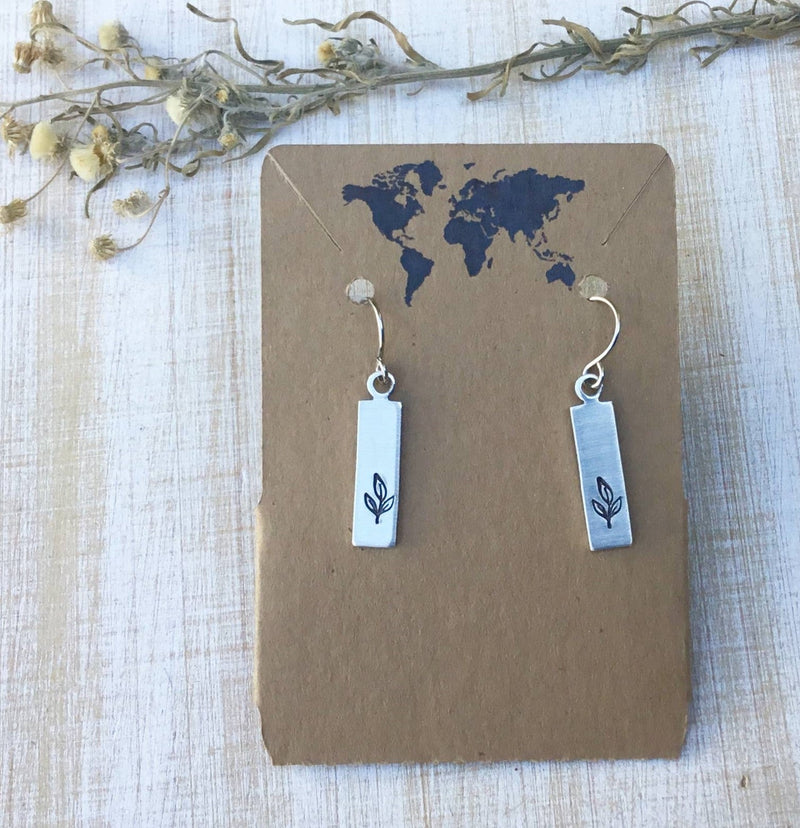 Rectangular-shaped leaf earrings with stainless steel wires