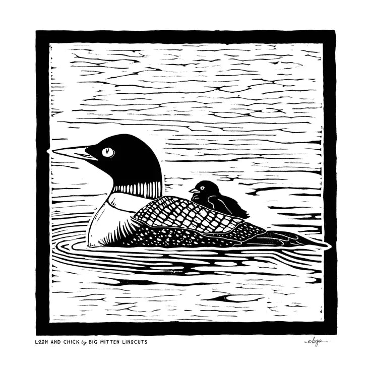 Loon and Chick Linoprint