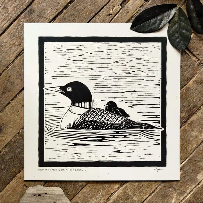 Loon and Chick Linoprint