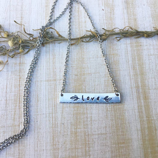 Love - Stamped Bar Necklace with Leaves