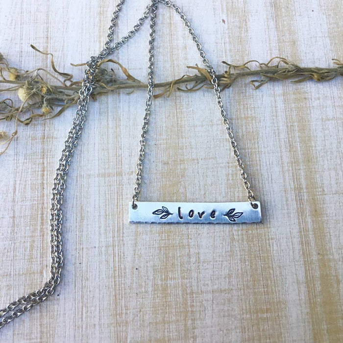 Love - Stamped Bar Necklace with Leaves