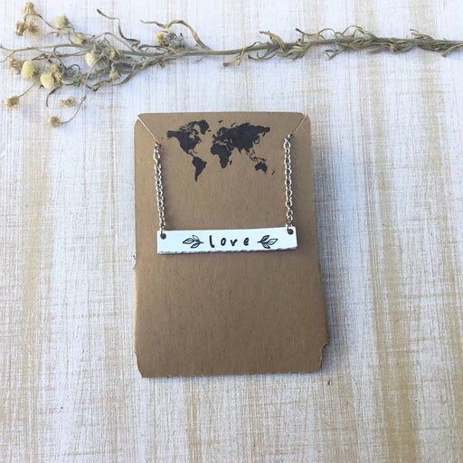 Love - Stamped Bar Necklace with Leaves with packaging