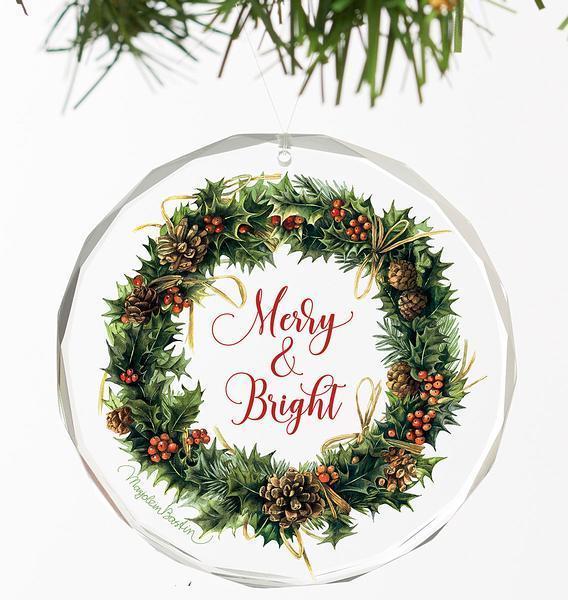 Merry & Bright Wreath Round Glass Ornament