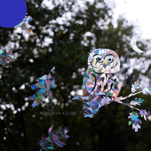 Saw-Whet Owl Window Cling - owl, moon, and leaves