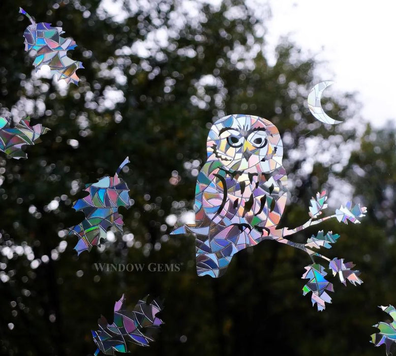 Saw-Whet Owl Window Cling - owl, moon, and leaves